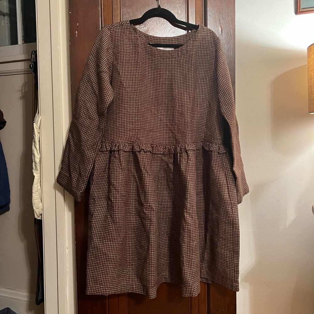 Not Perfect Linen Soria oversized linen dress in Chocolate Checks, size M